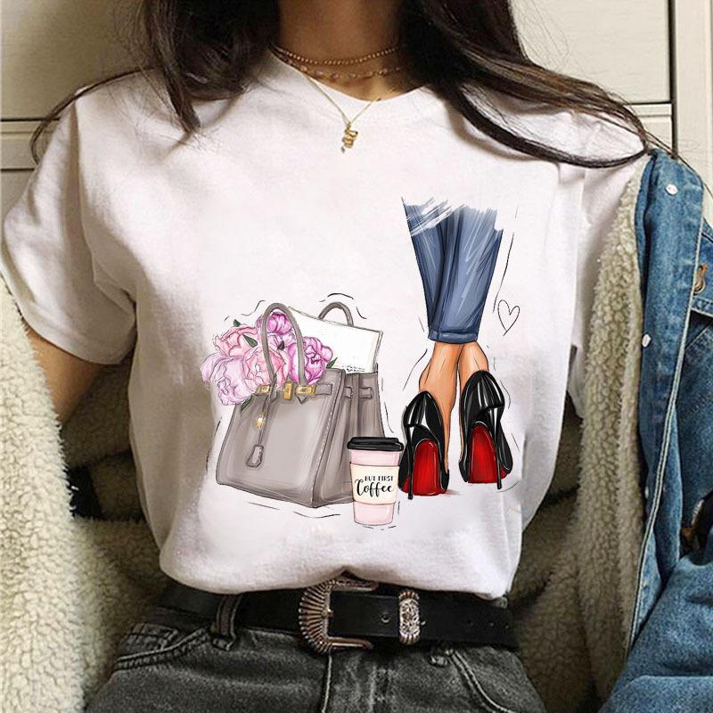 Летняя мода Coffee Girl Urban Base Shirt Круглый вырез Чистый хлопок Короткие рукава Женские футболки Женские
