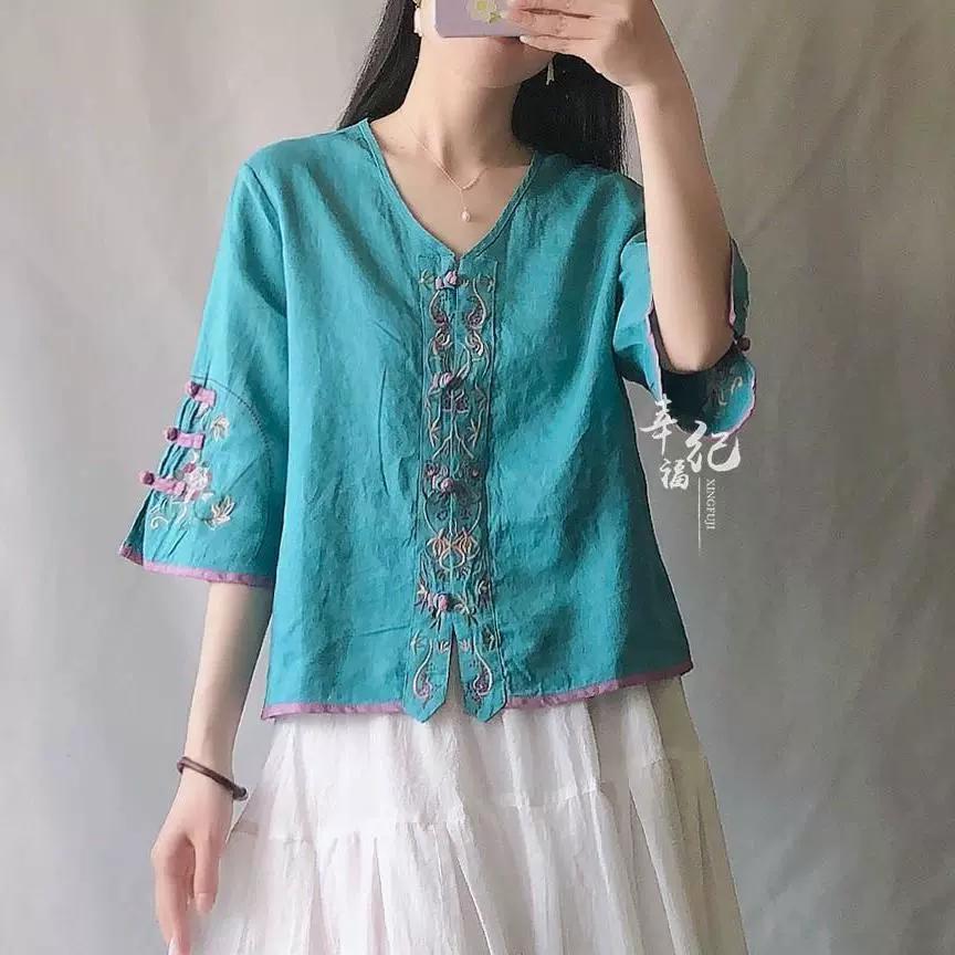 Summer Women's Clothing Shirts Blouse Blusa Mujer Vintage Casual Camisas Woman Blouses Cotton Linen V-Neck Embroidery