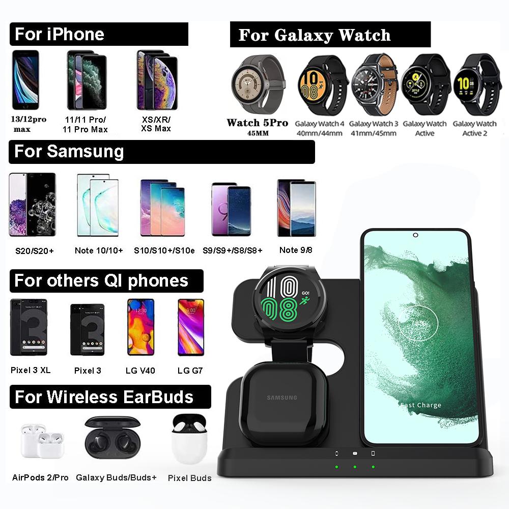 Подставка для зарядного устройства Galaxy Watch 6 3 в 1 Samsung S23 Ultra S22 S21 S20 Galaxy 5 4 3 Active 2 Беспроводная станция быстрой зарядки