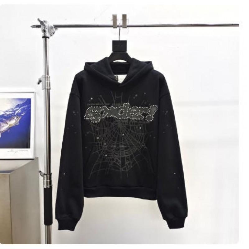 Sp5der Hoodie Oversized Thick Fleece Sweatshirt With Foil Print Spiderweb Design Men Winter Casual Wear