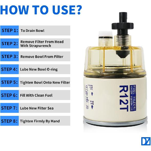 R12T Fuel Filter Water Separator Spin-On R12T Filter With Water Collection Bowl Diesel Engine & Gasoline Engine Replaces# S3240 R12T 120AT 18-7987