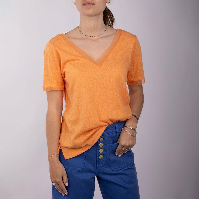 Коралловый топ с короткими рукавами, V-образный вырез спереди и сзади Женщина DEELUXE 74