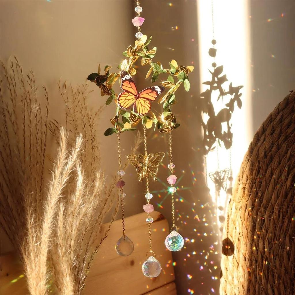 Crystals Wind Chime Star Moon Butterfly Hanging Ornament Sun Catcher Diamond Prisms Rainbow Maker Pendant Home Garden Decor