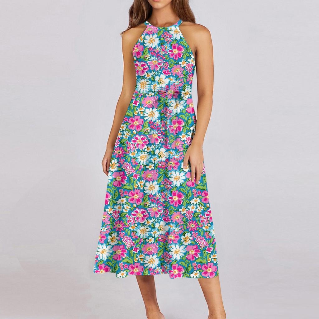 Женское повседневное платье миди с круглым вырезом, классическое, повседневное, без рукавов, свободное платье в стиле бохо с завязками, летний пляжный сарафан