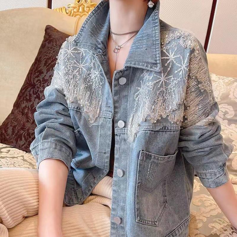 Short Crop Sequin 2025 Fashion Small with Rhinestones Diamonds Denim Jacket for Women Trend New Collection In Cowboy Coat Woman