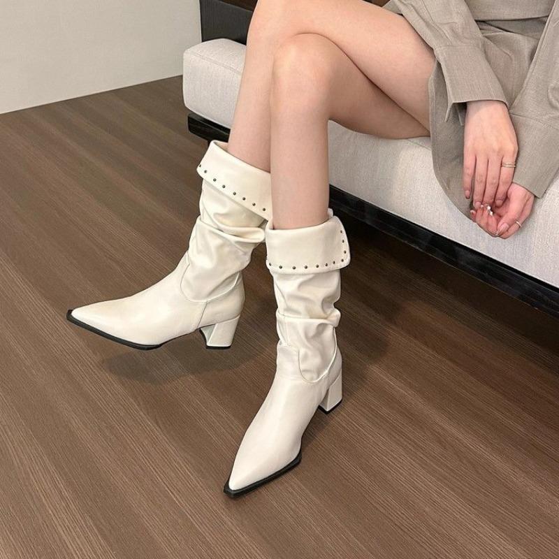 Мода 2024 Зима Новые женские сапоги до середины икры Массивные остроносые кожаные туфли Трендовые модные туфли-лодочки Женские туфли на высоком каблуке Snow Long