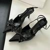 Fashion Nude Pink Butterfly-Knot Ankle Strap Women Pumps Sexy Pointed Toe Patent Leather High Heels Elegant Heeled Sandals Party Shoes