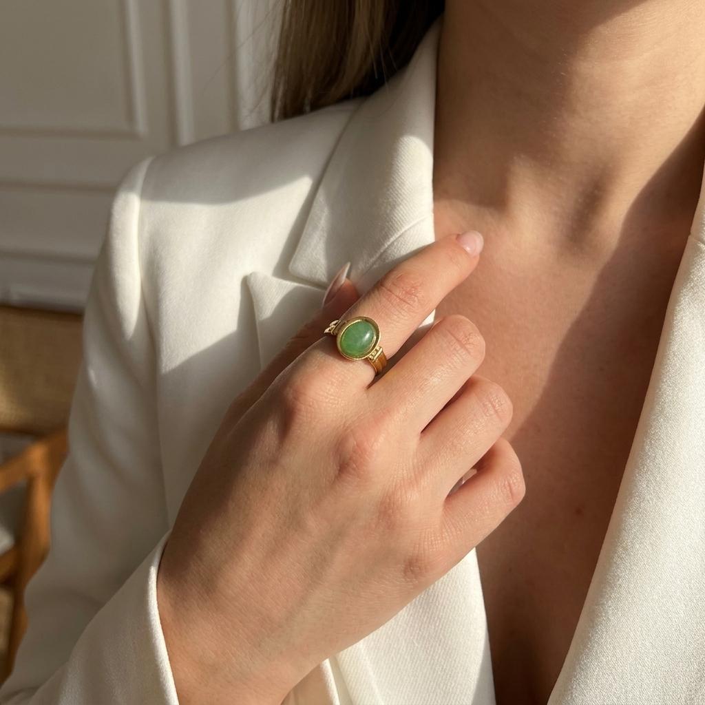 Retro Engraved Radiant Green Veined Stone Ring for Women Stainless Steel Antique Gold Chunky Wide Band Boho Jewelry