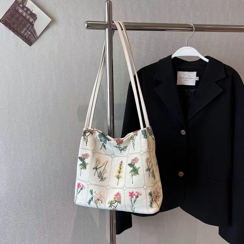Floral Embroidery Black Shoulder Bags Women Vintage Casual Canvas Bag Purses Female Harajuku Aesthetic Handbag