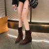 Fashion 2024Vintage Pointed Toe  Western Cowgirl Boots Fashion Slip On Shoes Autumn Winter Square Heel Women's Suede Short Booties