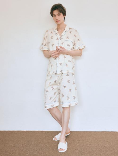 [LUNALUZ STUDIO] Мужской Короткий рукав Двухпредметный Костюм с Рисунком Маленький Мишка Смесовый Район [Отправка из Кореи] 100% Оригинал
