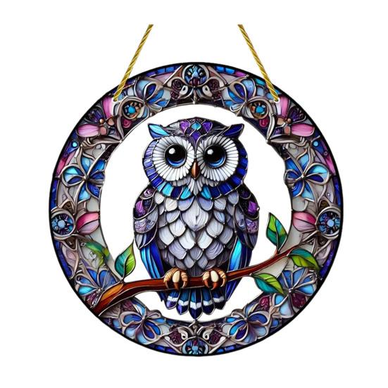 Owl Ornament Stained Glass Blue Green Sun Catcher Enchanting Birds