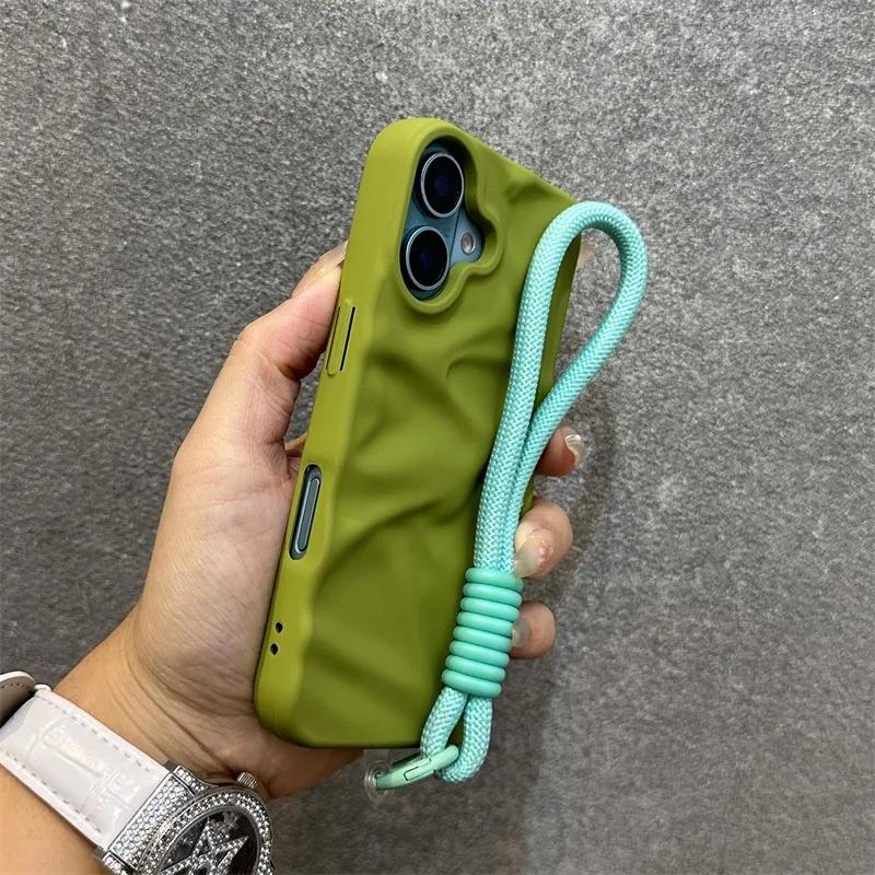 Роскошный матовый чехол-браслет с эффектом мятой бумаги для iPhone 17 Pro 16 15 14 Pro Max 13 12 11, ремешок-шнурок, конфетный, однотонный, волнистый, силиконовый чехол