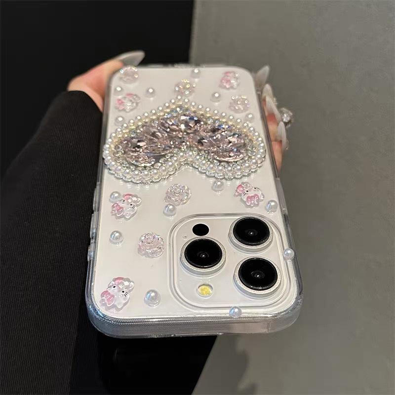 Diamond Love Pearl Cartoon KT Rose Phone Case for IPhone 15 Promax Transparent for Apple 16 Women