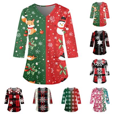 Женский свободный рабочий топ с V-образным вырезом и карманом, рождественским принтом и рукавом три четверти