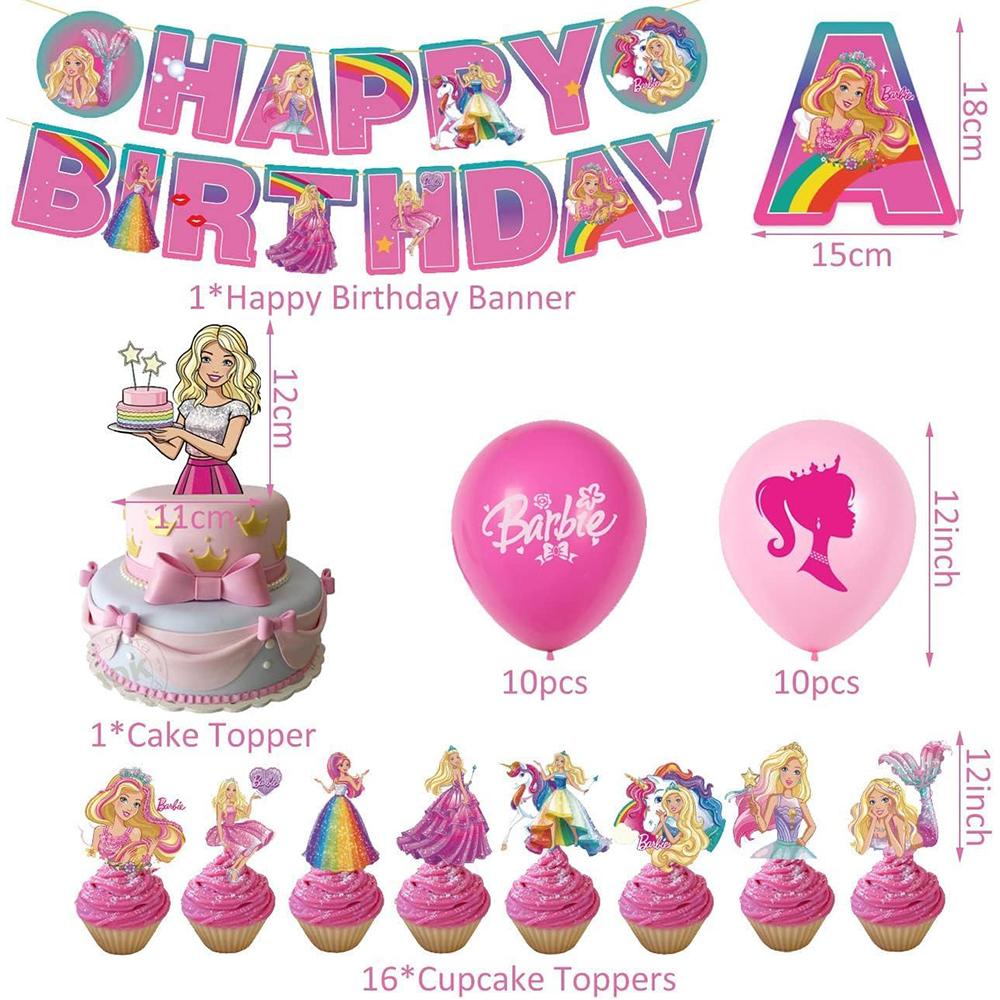 38pcs Barbie Birthday Party Supplies Includes Balloons, Banner, Cake Toppers