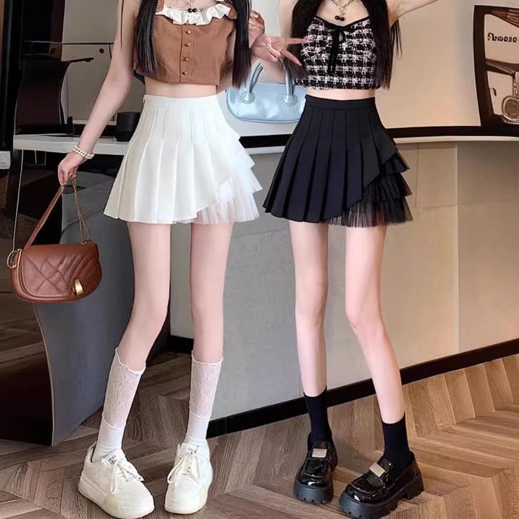 Юбка-сетка с асимметричными складками и высокой талией для женщин - Лето 2024 г. Короткая юбка А-силуэта