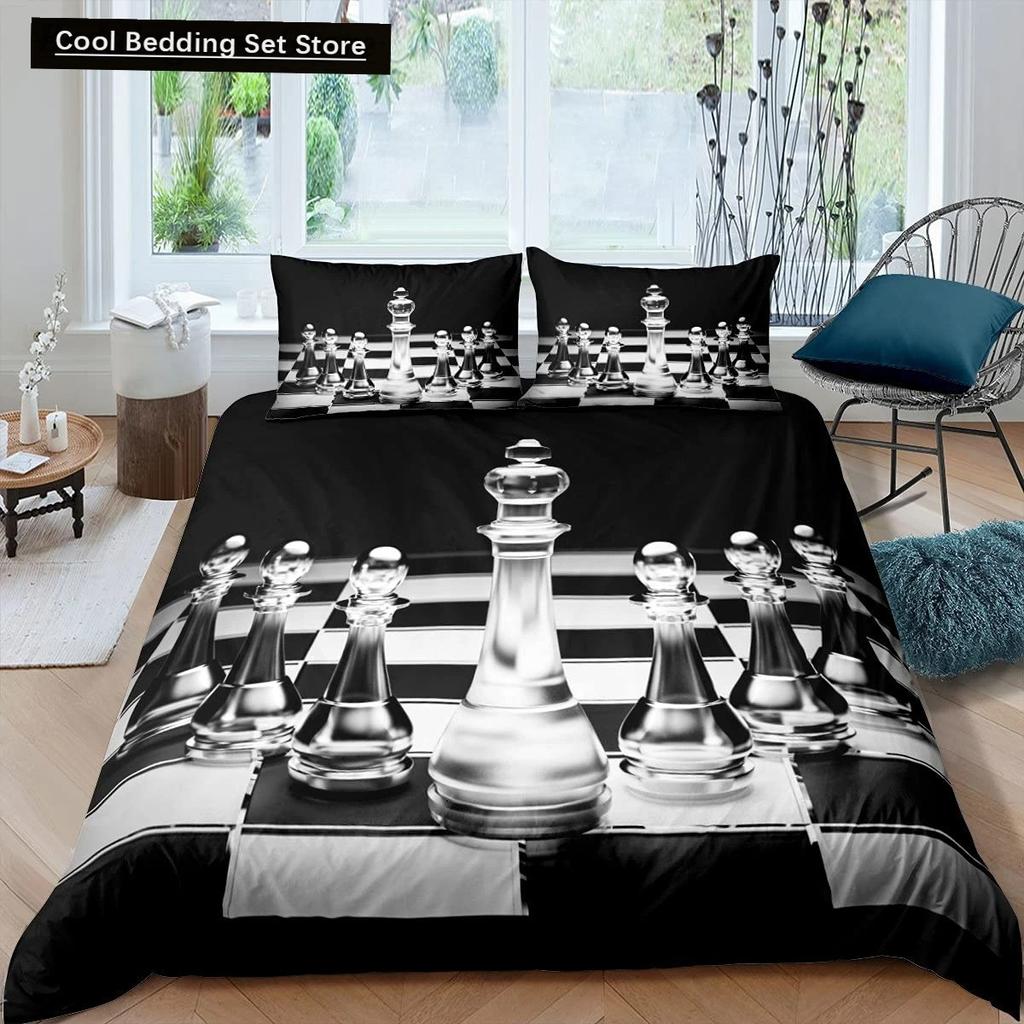 International Chess King Queen Duvet Cover Chess Board Bedding Set Black White Grid Quilt Cover Plaid Polyester Comforter Cover