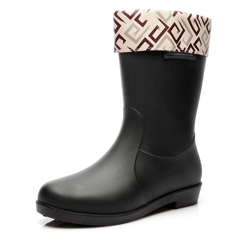 Medium tube rain shoes women wear non-slip water shoes with velvet kitchen work water boots high tube rain boots rubber shoes fashion
