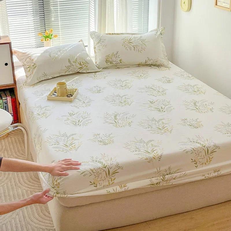 Зеленый клетчатый узор Набор простыней на резинке Любовь Сердце Защитный чехол для матраса 3 предмета Хлопковый постельный комплект Дышащий, приятный для кожи