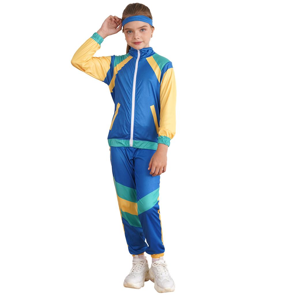 Kids 80s Retro Disco Costume Colorblock Top Pants Headband Set Hip Hop Dance