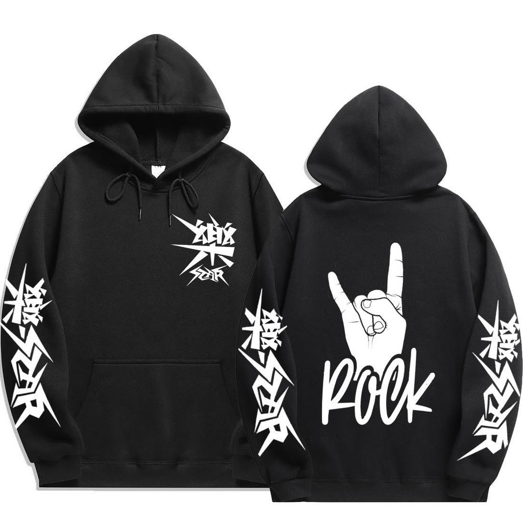 Stray Kids ROCK‑STAR Худи с принтом Rock Hand Sign Рожки Дьявола Рука Rock Надпись Графика Капюшон на завязках Оверсайз Унисекс KPop Уличная одежда Фан-мерч
