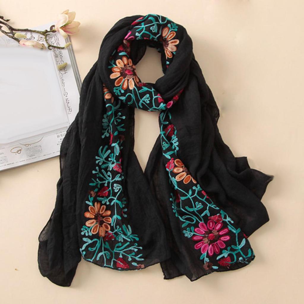Embroidered Flower Scarf Cotton Women Long Wrap Bandana Scarves Girl Shawl Gift