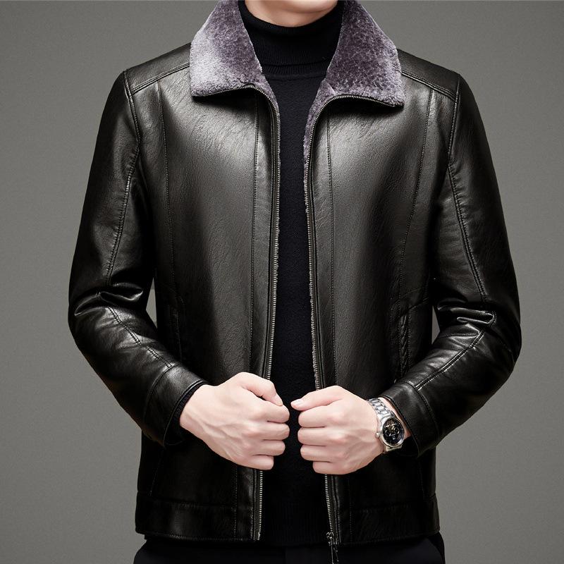 Повседневная мужская кожаная куртка с меховым покрытием для людей среднего и пожилого возраста, флисовая утолщенная овчинная куртка, зимняя