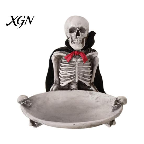 Halloween Party Supplies Skeleton Decorative Tray, Gothic Storage Tray with Black Cape Red Desktop Jewelry Organizer Bow, Multifunctional for