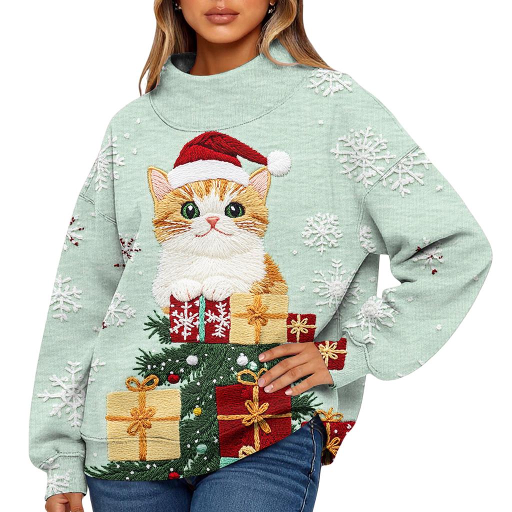 Ladies' Fashionable Christmas Printed Long Sleeved High Neck Sweatshirt Top