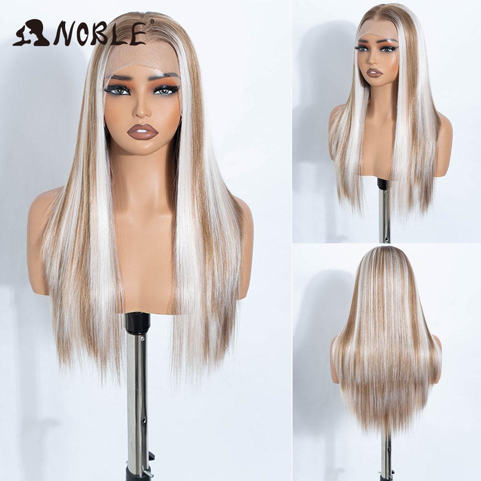 NOBLE 24 Inch13X6 Synthetic Lace Front Wig Highlight Brown White Streaks Straight Natural Hairline Heat Resistant For White Wome