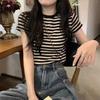 Front Shoulder Striped Short-sleeved T-shirt for Women's Summer Tight-fitting Base with Inner Design Showing Figure T-shirt Short-sleeved Top