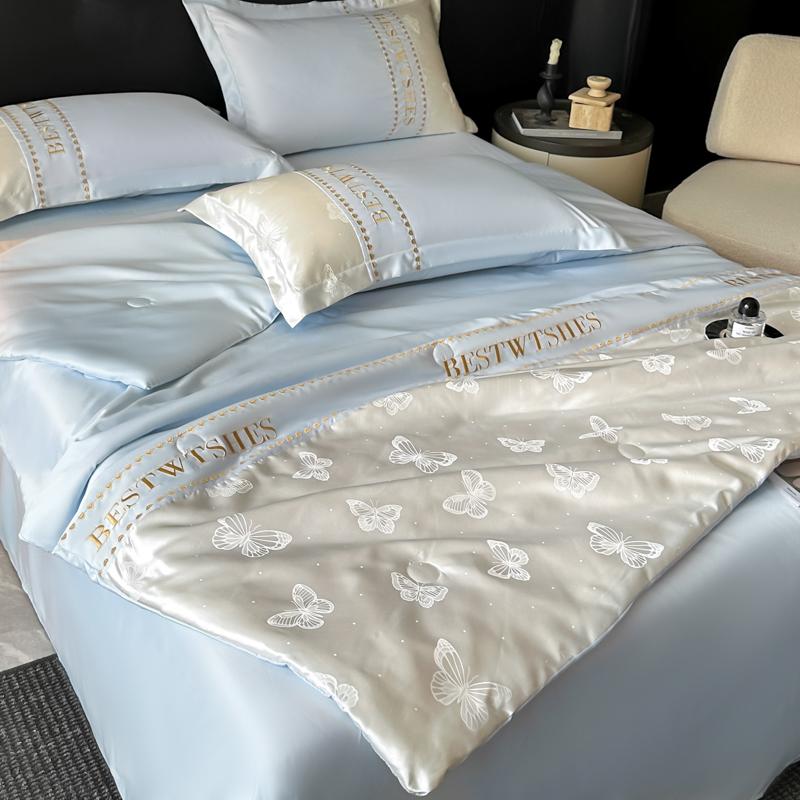 Sleepy Grace Ice Silk Embroidered Splicing Jacquard Water Washed Tencel Summer Quilt Set of Four