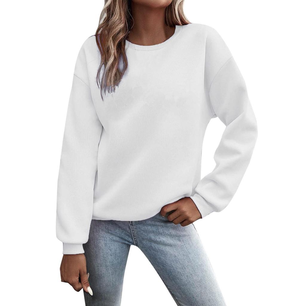 Women's European and American Loose Fit Round Neck Solid Sweatshirt - Autumn/Winter Plus Velvet Long Sleeve Casual Sports Top