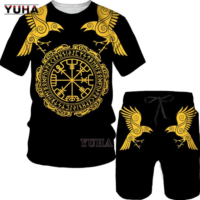 Летний мужской костюм большого размера, мужская футболка с 3D принтом викингов и мужской спортивный костюм, футболка, шорты, повседневная спортивная одежда, весна