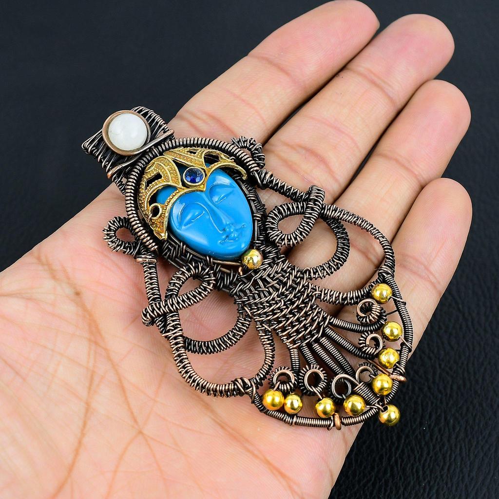 Резные украшения с синим лицом и лунным камнем, кулон, обернутый медной проволокой 999 пробы, украшения из драгоценных камней ручной работы, подарки для жены, совершенно новый кулон