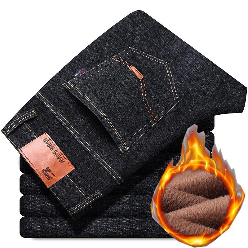 8 Types Of Blue And Black Autumn And Winter Men'S Jeans With Thick Fleece/Regular Optional Loose Straight Leg Casual Warm Outer Pants