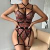 Сексуальное женское белье кружевное боди леопардовое нижнее белье открытая промежность тедди халтер прозрачное эротическое белье порно костюмы