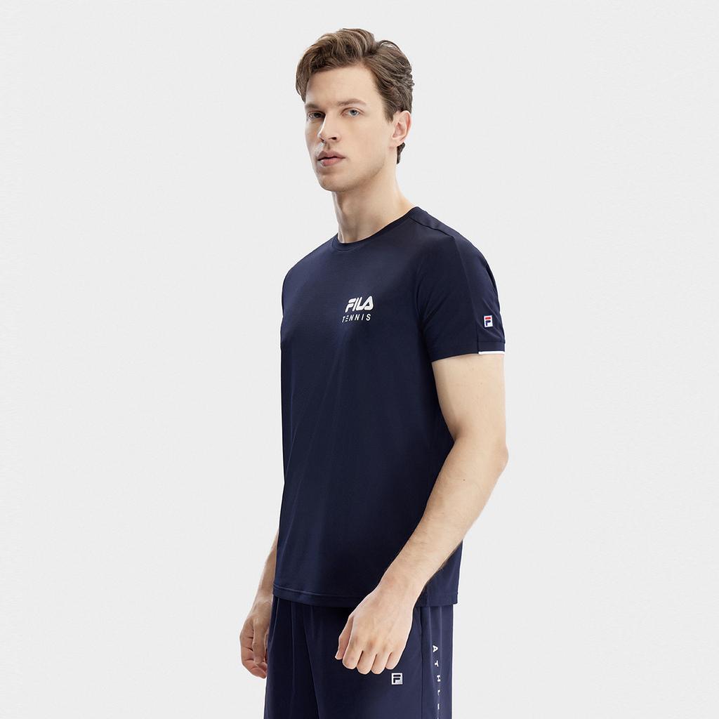 Fila Logo Simple Tennis Sports Knitted Solid Color Casual Round Neck Short Sleeve T-Shirt Men Tops Legendary-Blue A11M323107F-NV