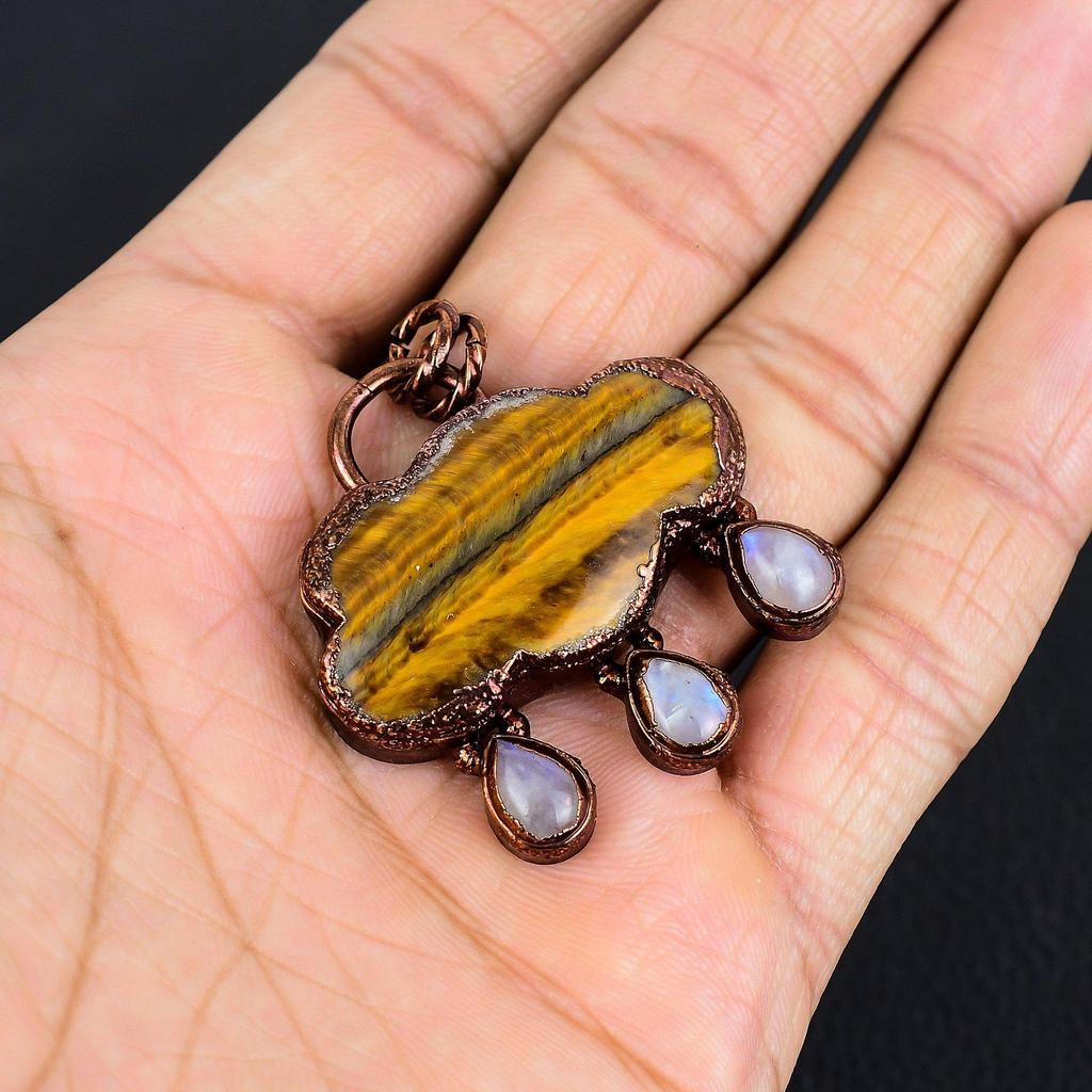 Tiger's Eye Copper Pendant, Copper Electroformed Pendant Jewelry. Gift For Women Handmade Pendant Gemstone Jewelry