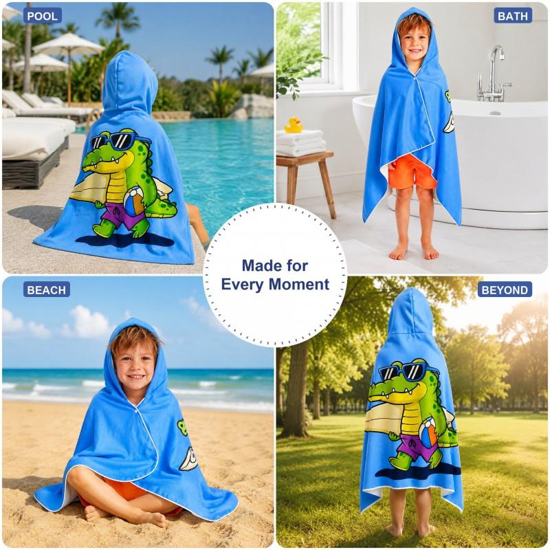 Kids Hooded Beach Towel With Cartoon Crocodile Print Quick Dry Microfiber Swim Cover-Up Pool Surfing