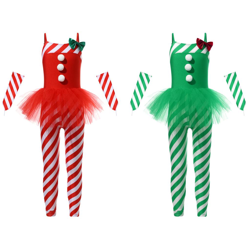 Girls Candy Cane Costume Santa Claus Christmas Sleeveless Stripes Print Tulle Peplum Long Jumpsuit with Arm Sleeves