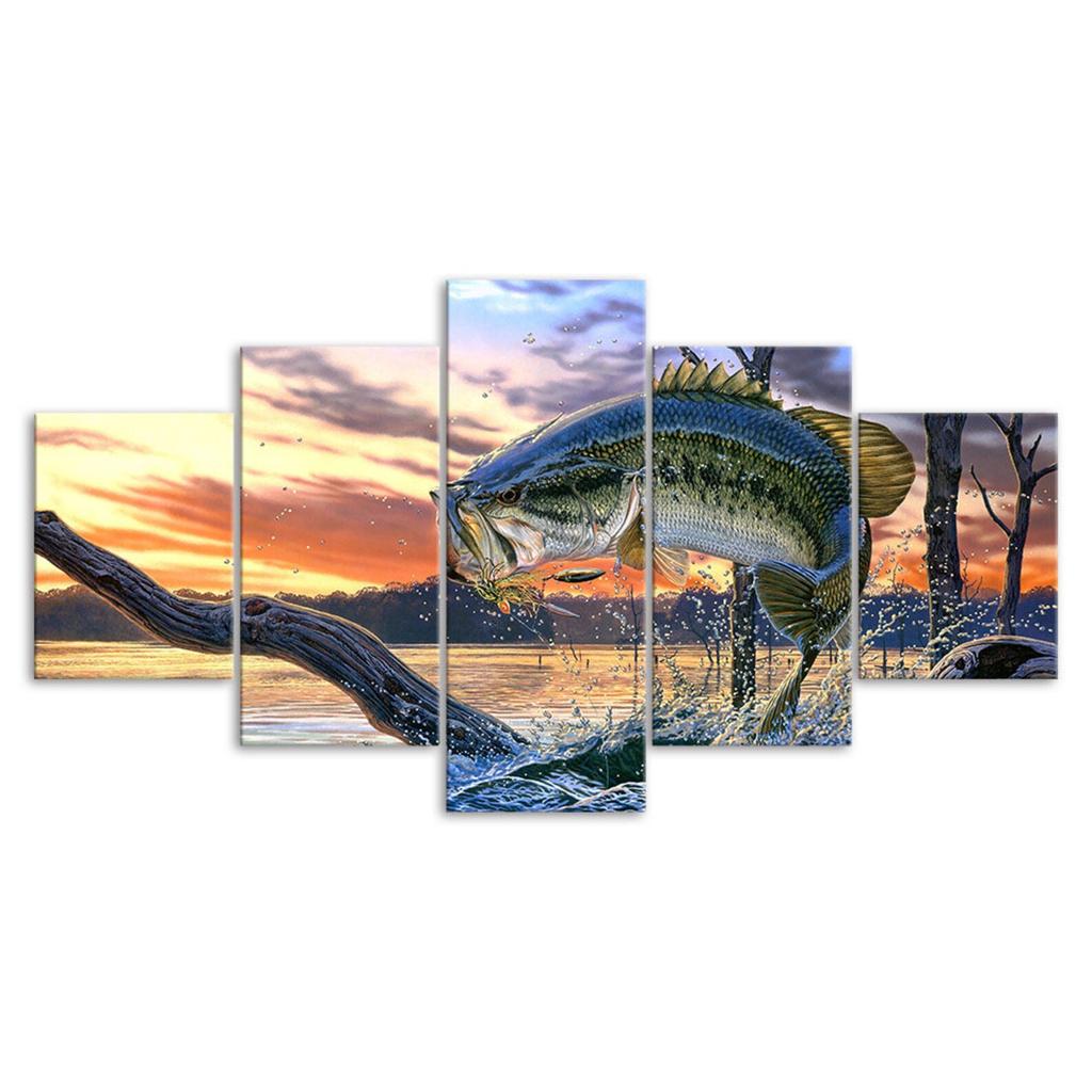 Jumping Fish Scene 5 Piece Five Panel Wall Canvas Print Modern Art Poster Picture Home Decor Gift For Him For Her