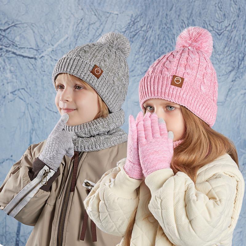 3pcs/set Winter Kids Beanie Hat Scarf Gloves Plush Warm Children Knitted Hats Set Neck Warmer Outdoor Child Ski Cap