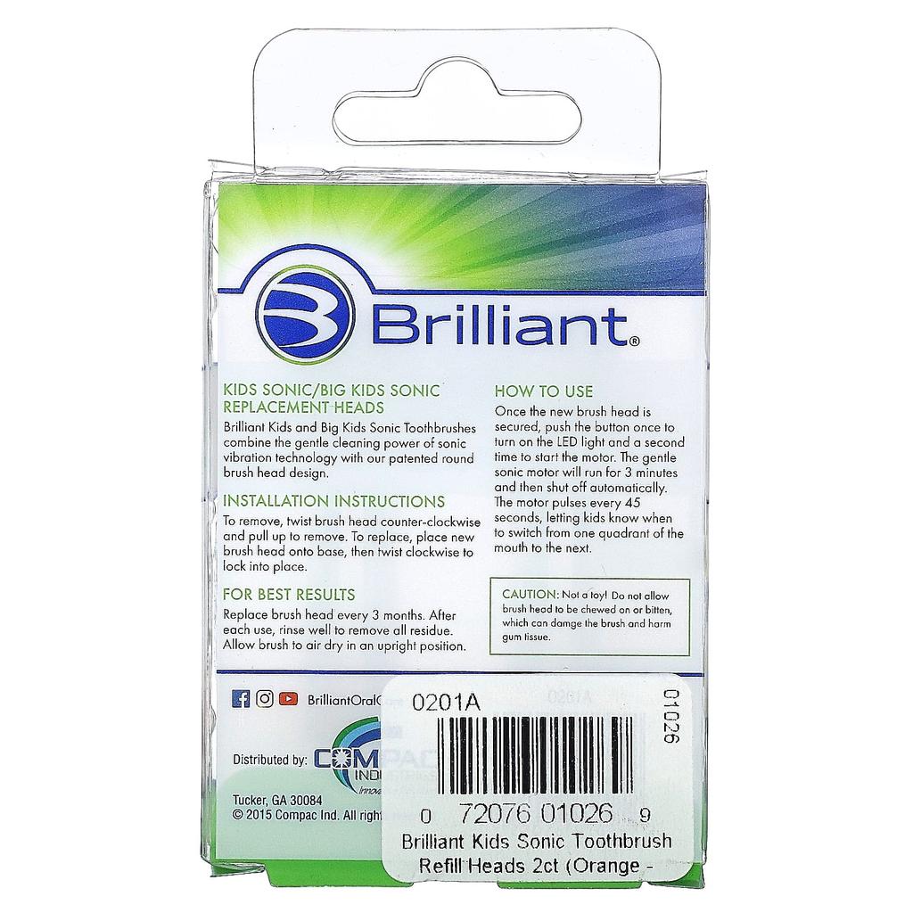 Baby Buddy Brilliant, Sonic Refill Head for Children, Ages 5+, Orange, 2 Refill Heads