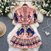 Летние женские платья мини с короткими рукавами-буфами, воротником-стойкой, застежкой на одну пуговицу, кружевной отделкой пэчворк и принтом для вечеринок