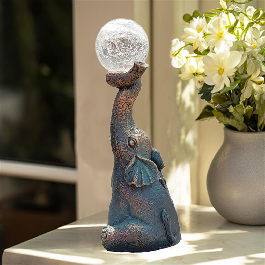 Elephant With Cracked Glass Ball Lamp Statue Solar Lamp Outdoor Garden Decoration