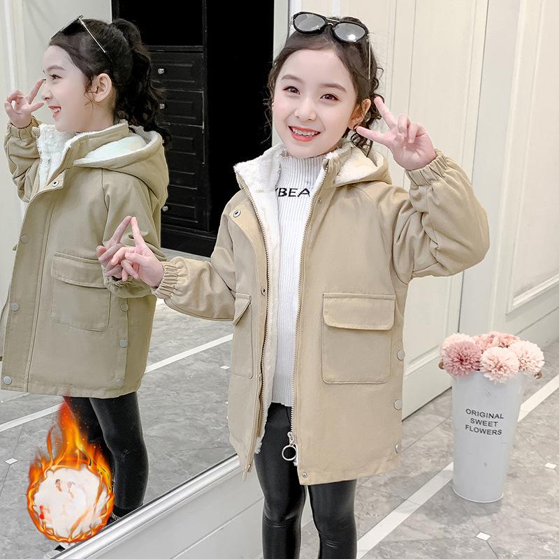 Зимняя ветровка для девочек, осенняя и зимняя одежда, плюс утолщение из бархата, корейская версия куртки с поясом для больших детей, теплая куртка