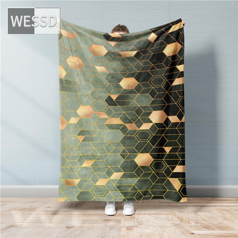Geometric Plaid Blanket Blue Gray Green Flannel Blanket For Sofa Portable Cutsom Blankets And Bedspread Fluffy