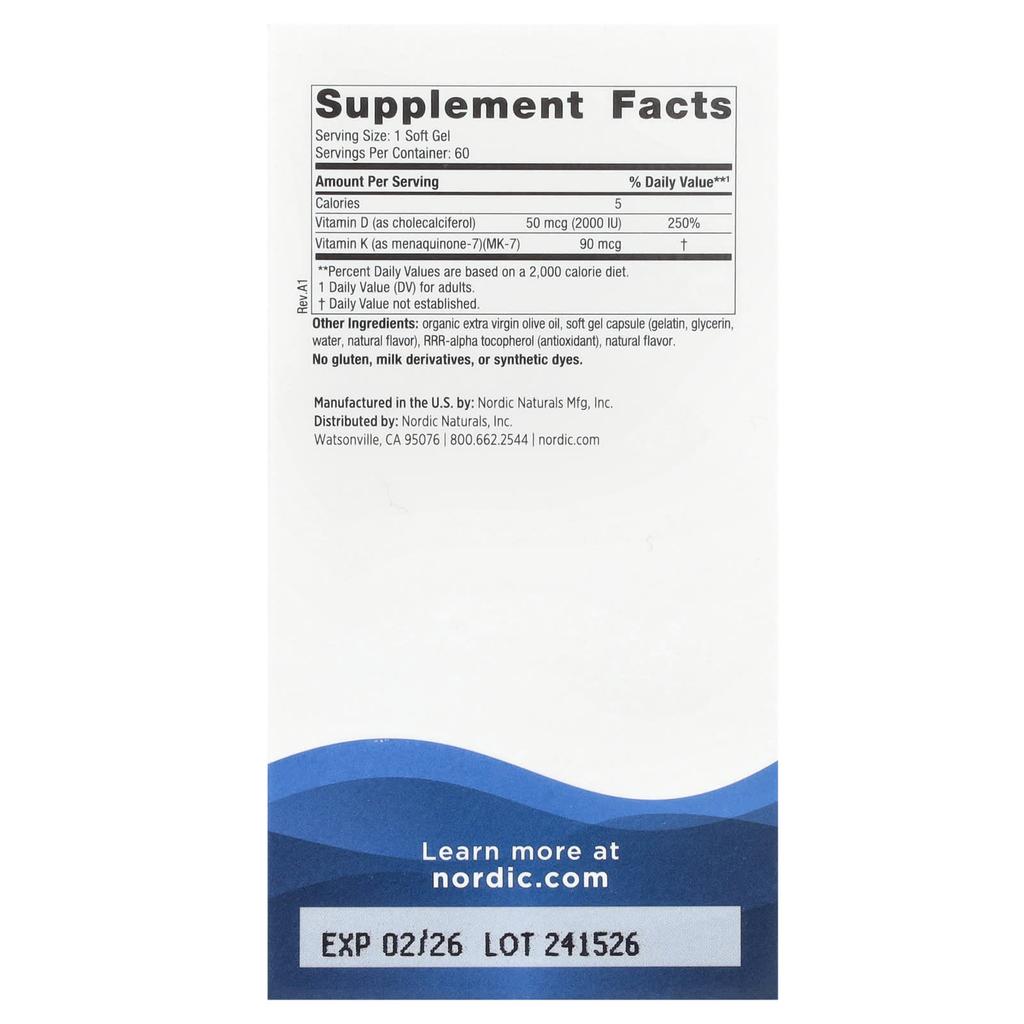 Nordic Naturals Витамин D3 + K2, Отличный апельсин, 60 мягких капсул